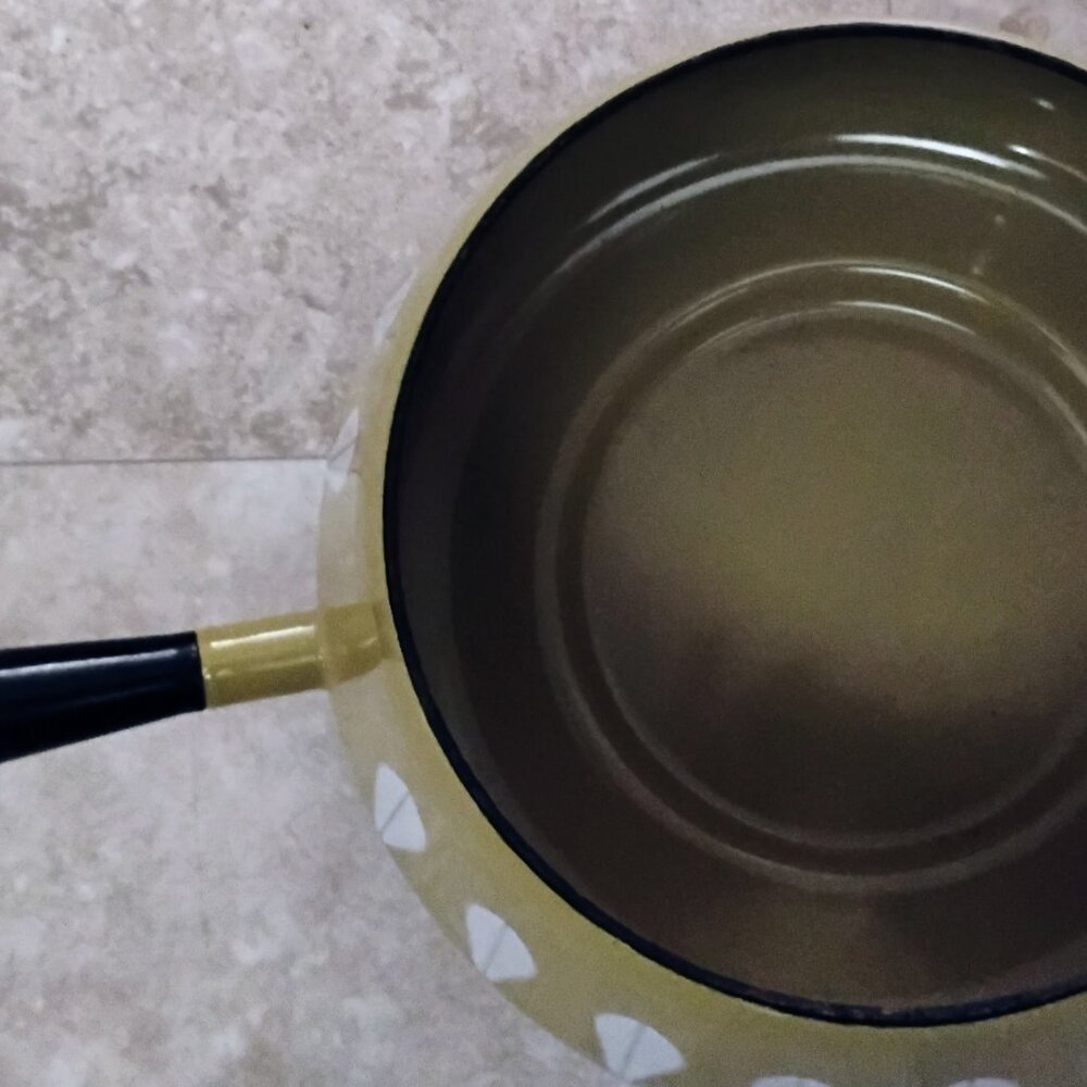 Vintage Cathrineholm style Lotus Enamel fondue pot Olive Yellow MCM - Picture 6 of 9